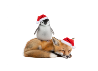 Fox and Penguin Toy in Santa Hats Isolated on White Background for Christmas