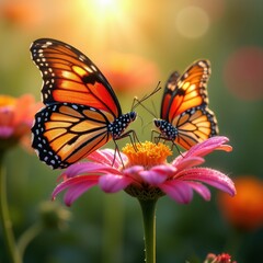 Naklejka premium Vibrant Butterflies Close-Up on Fresh Colorful Flowers Captivating Nature Beauty and Serenity in Blooming Gardens