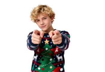 Cheerful Boy in Christmas Sweater Pointing at Camera on White Background