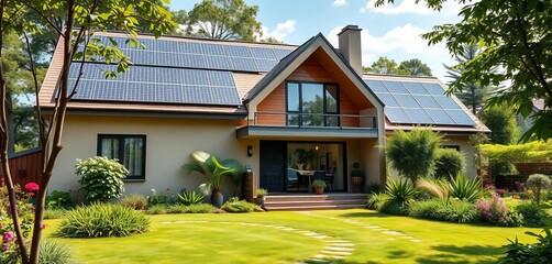 Modern eco-friendly home with solar panels and lush garden, eco house, zero carbon