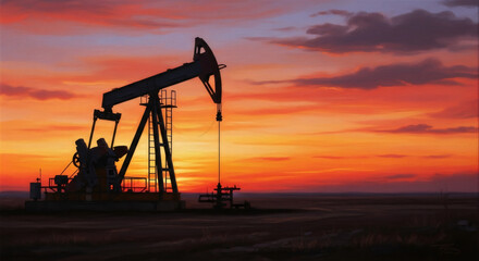 Pumpjack extracting oil at sunset. Energy industry production. Resource extraction and fossil fuel supply.