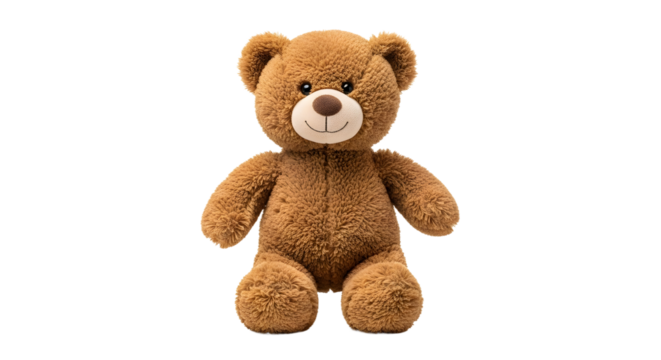 A classic brown teddy bear with a plain and simple design, sitting isolated on a clean white background with no shadow