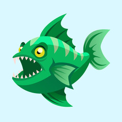 Cartoon depiction of a menacing green fish with sharp teeth open mouth