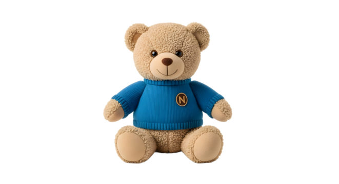 Adorable plush brown teddy bear in a cozy blue sweater, a classic children's stuffed toy sitting isolated on a plain white background