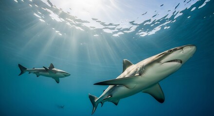 Fototapeta premium Two gray reef sharks swim in clear blue water under sunbeams