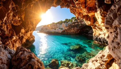 Sea Cave View with Clear Turquoise Water and Sun Star