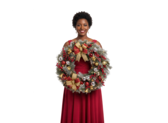Elegant Black Woman Holding Christmas Wreath, Isolated on White