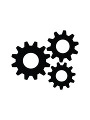 Three interlocking black gears on a white background