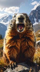 Excited groundhog in mountains