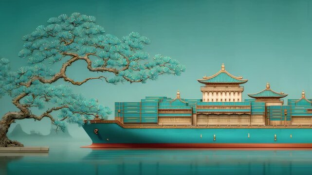 Oriental Artistic Container Ship Sailing on Water