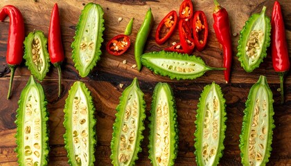 Top View of Chopped Bitter Gourd and Red Chilies in Alternating Stripes on Rustic Board