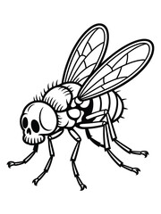 Creepy skull faced fly insect illustration black and white