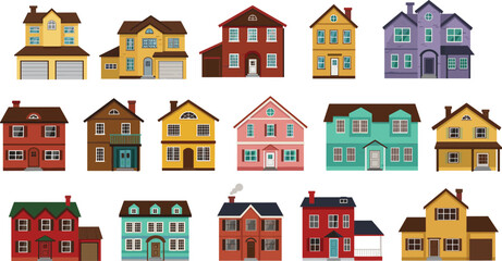 Collection of suburban house illustrations, colorful family homes, modern residential buildings, cozy cottages, diverse architectural design set