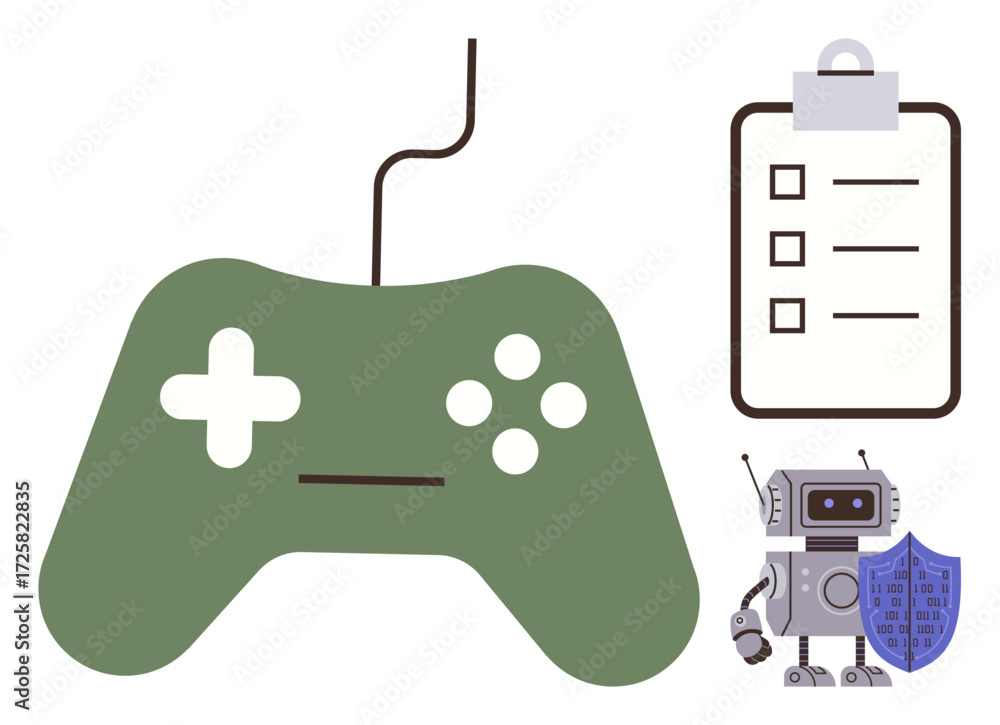 Poster green gaming controller with buttons and cable, clipboard checklist, and robot with shield symbolizi