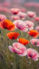 Vibrant red and pink poppies blooming in a natural field, realistic photography style, with blurred green background, symbolizing summer beauty