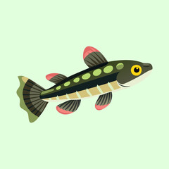Cartoon freshwater fish with green scales and red fin tips swimming happily