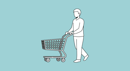 Man Pushing a Shopping Cart Minimalist Illustration for Retail and Consumerism Concepts