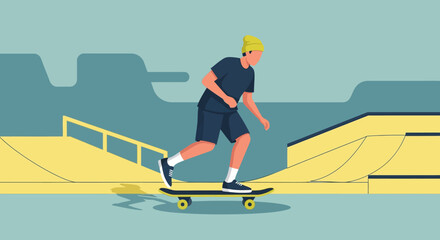 Skateboarder enjoying a ride at the skatepark, performing tricks and maneuvers in a vibrant illustration