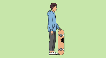Side profile of a young man in a blue hoodie holding his skateboard, flat vector illustration for youth lifestyle concepts