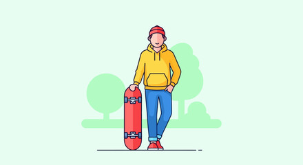 A young person in casual attire holding a skateboard, standing outdoors with trees in the background, conveying a sense of youth culture and urban exploration