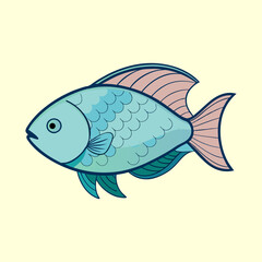 Cartoon Fish with Scales and Fins Illustration on a Pale Yellow Background