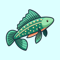 Illustrated vibrant green fish with yellow spots swimming in a clear background
