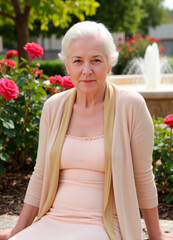 Graceful senior woman sitting among roses, embodying wisdom and serenity
