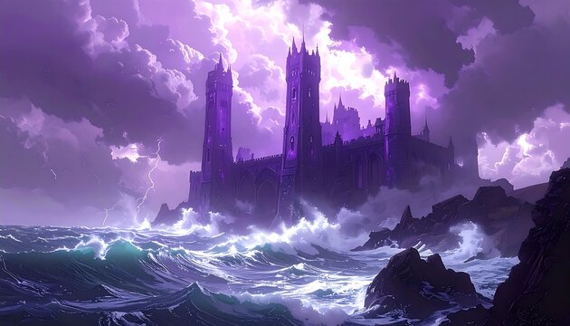 Stormy seas crash against a dark gothic castle on a cliff during a purple lightning storm