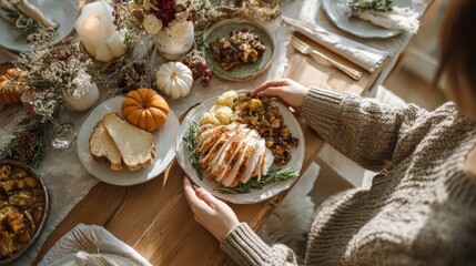 Flat lay of woman’s hands arranging sliced turkey and Thanksgiving side dishes on a clean wooden table with white tableware and minimal autumn decor.