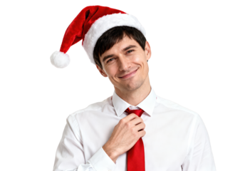 Smiling Man in Santa Hat Adjusting Tie on White