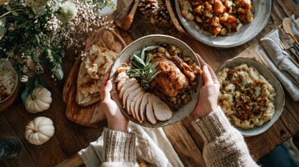 Thanksgiving flat lay with woman arranging turkey and festive dishes