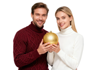 Couple Holding Christmas Ornament Isolated on White Background