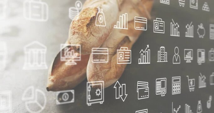 Grid appearing triggers icons sliding, fading, drifting visualizing financial data over baguettes