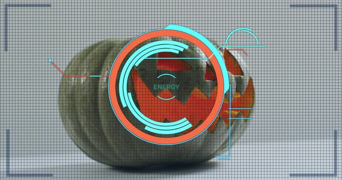 Turquoise dot scanning pumpkin activating HUD rings and labels showing energy launch metrics rising