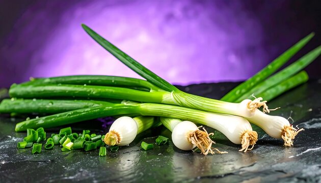 Fresh green onions on dark stone