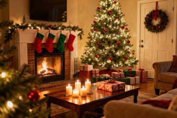 Warm and cozy living room decorated for Christmas with a Christmas tree, and wrapped gifts