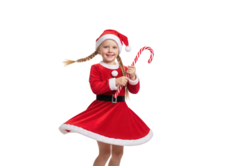 Cheerful little girl in festive Santa helper costume twirling with candy cane on white background, Christmas holiday celebration portrait, studio shot