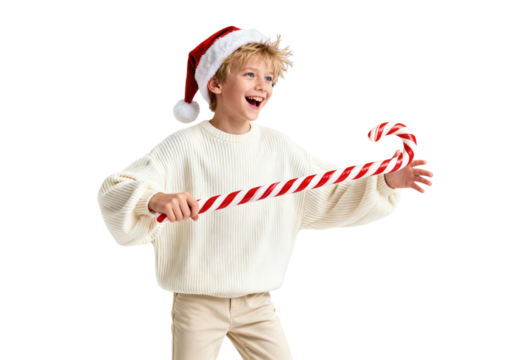 Excited Boy Holding Giant Candy Cane: Christmas Joy on White Background