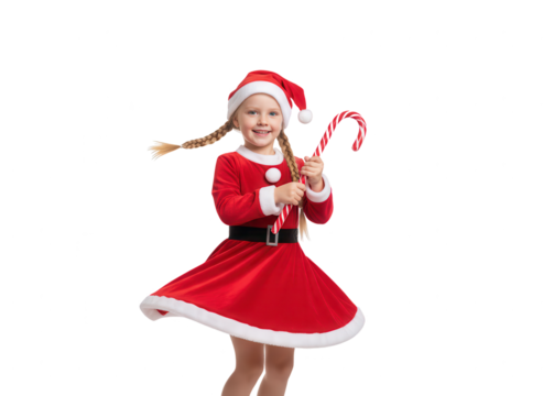 Cheerful little girl in festive Santa helper costume twirling with candy cane on white background, Christmas holiday celebration portrait, studio shot
