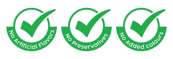 Three vibrant green square labels with white checkmarks and bold “NO” text above “Artificial Flavors,” “Added Preservatives,” or “Added Colors.” Clean, modern design on white background.