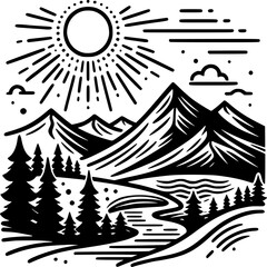 Fototapeta premium Mountain landscape illustration: A detailed illustration of a mountain landscape, featuring sun, trees, river, and clouds.