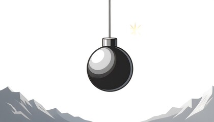 A hanging bomb against a mountain backdrop
