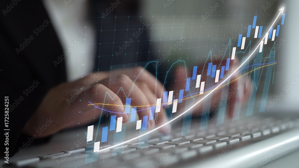 Poster a business professional focuses on financial data analysis, using digital graphs and charts that rep