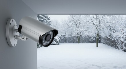 Security Camera Winter Scene - A security camera mounted on a wall overlooks a snow covered winter landscape. Perfect for home security, surveillance, and winter themes