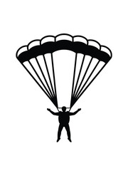 Silhouette of a skydiver with open parachute against white background