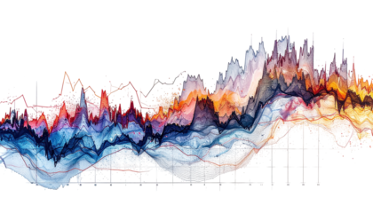A vibrant graphic representation of fluctuating data, exhibiting a dynamic range of colors and intricate lines.