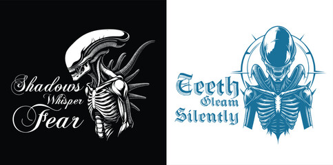 Vector minimalist illustration featuring stylized xenomorph art