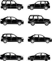 Black car silhouette vector set, side view vehicle icons, sedan, SUV, hatchback, automotive clipart, transport design, editable illustration