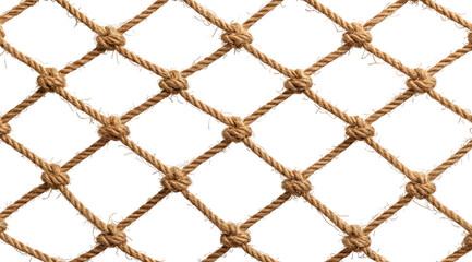 Detailed close-up of a rustic, natural hemp rope fishing net against a clean white backdrop, perfect for nautical themes and textures