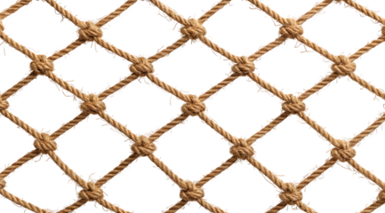 Detailed close-up of a rustic, natural hemp rope fishing net against a clean white backdrop, perfect for nautical themes and textures